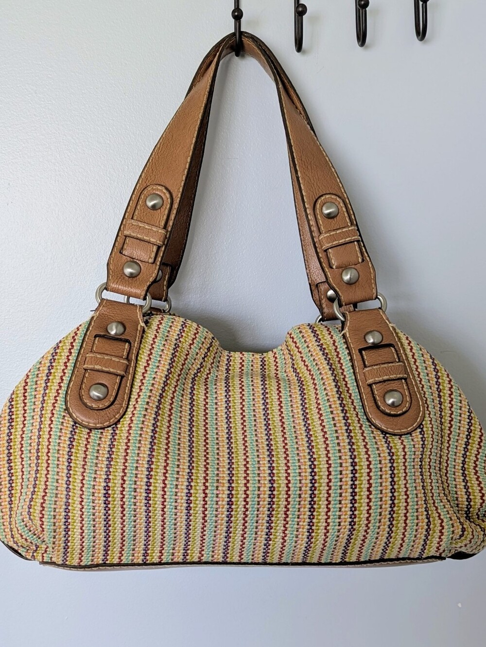 Woven Multi-Color Stripe Shoulder Bag with Tan Trim - Picture 1 of 8
